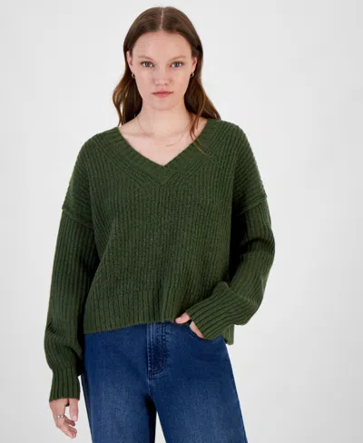 Hippie Rose Juniors' V-neck Oversized Sweater In Camo Green