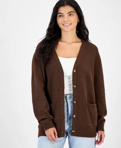Hippie Rose Juniors' V-neck Boyfriend Button-front Cardigan In Brown