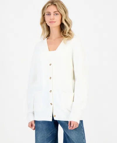 Hippie Rose Juniors' V-neck Boyfriend Button-front Cardigan In White