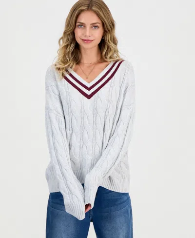 Hippie Rose Juniors' V-neck Varsity Cable-knit Sweater In Gray
