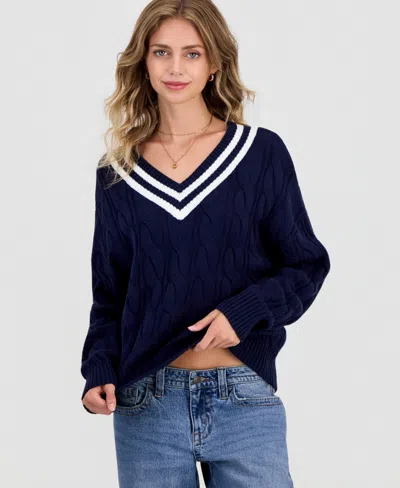 Hippie Rose Juniors' V-neck Varsity Cable-knit Sweater In Black