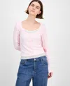 Hippie Rose Juniors' Waffle-knit Tank Top & Cardigan Set In Pink