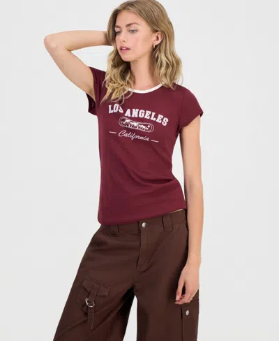 Hippie Rose Juniors' Y2k Graphic Ringer T-shirt In Burgundy