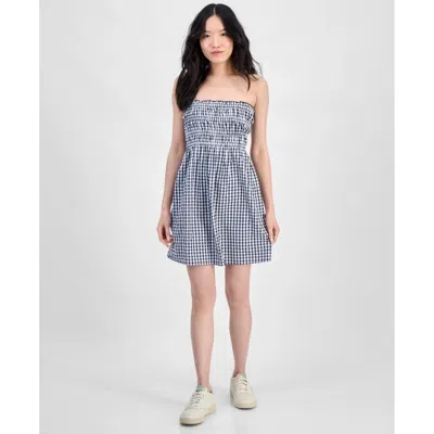 Hippie Rose Mini Dress Women's Juniors Navy Gingham Cotton Strapless Pall520 In White