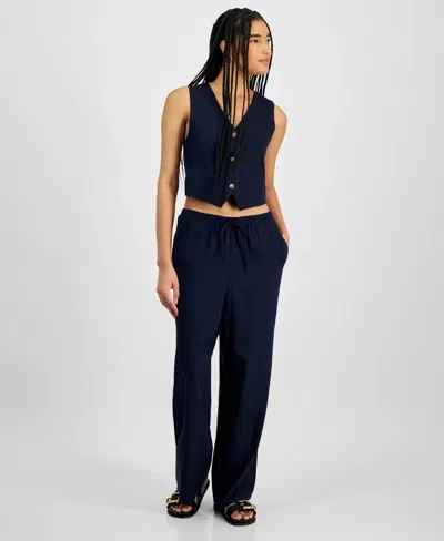 Hippie Rose Pants Women's Navy Linen Blend Wide-leg Drawstring Waist Pall319 In Blue