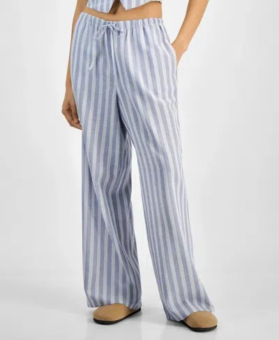 Hippie Rose Pants Womens Blue Striped Linen-blend Wide Leg Drawstring Pall578