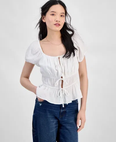 Hippie Rose Peasant Top Women's Bright White Shirred Tie Front Pall596