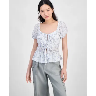Hippie Rose Peasant Top Women's Juniors White Floral Shirred Tie Front Pall615