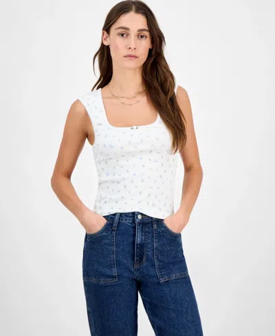 Hippie Rose Pointelle Top Women White Ditsy Floral Stretch Scoop Neck Pall414