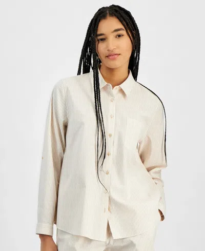Hippie Rose Shirt Women's Sand Stripe Long Sleeve Button Front Pall427 In Beige