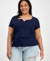 Hippie Rose Trendy Plus Size Henley Top In Blue