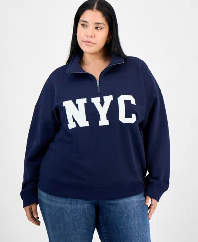 Hippie Rose Trendy Plus Size Nyc Half-zip Sweatshirt In Blue