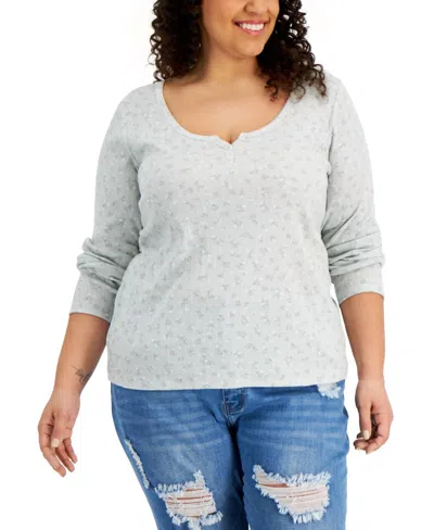 Hippie Rose Trendy Plus Size Printed Henley Neck Top In Sage Ditsy In White