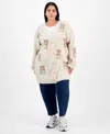 Hippie Rose Trendy Plus Star-print Open-front Long Cardigan In Neutral