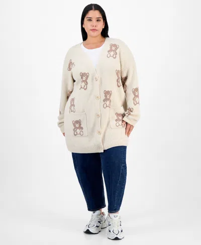 Hippie Rose Trendy Plus Star-print Open-front Long Cardigan In Neutral