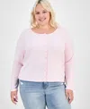 Hippie Rose Trendy Plus Striped Button-front Sweater In Pink