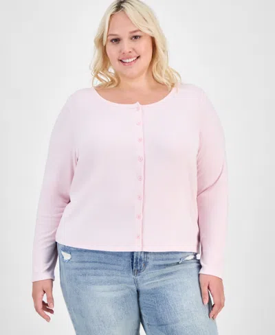 Hippie Rose Trendy Plus Striped Button-front Sweater In Pink