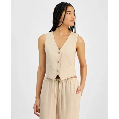 Hippie Rose Vest Women's Juniors Warm Sand Linen V Neck Button Front Pall508 In Beige