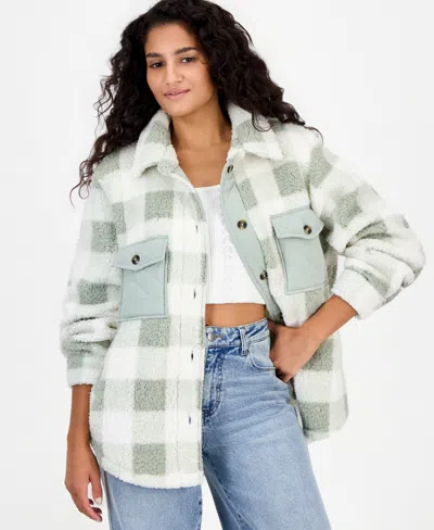 Hippie Rose Women's Oversized Sherpa Shacket In Olive Plaid