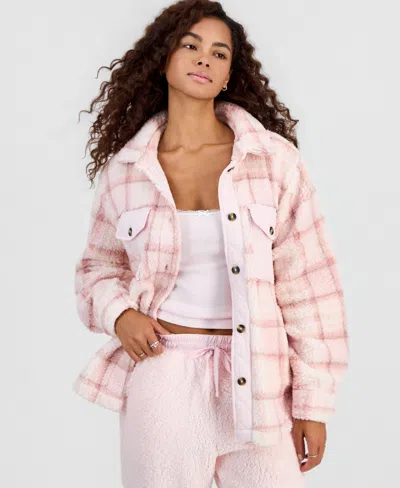 Hippie Rose Women's Oversized Sherpa Shacket In Pink,mocha Plaid