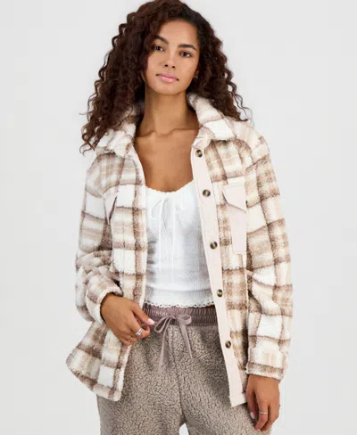 Hippie Rose Women's Oversized Sherpa Shacket In Tan,wht Plaid