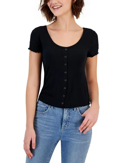 Hippie Rose Womens Button Down Ruffle Pullover Top In Black