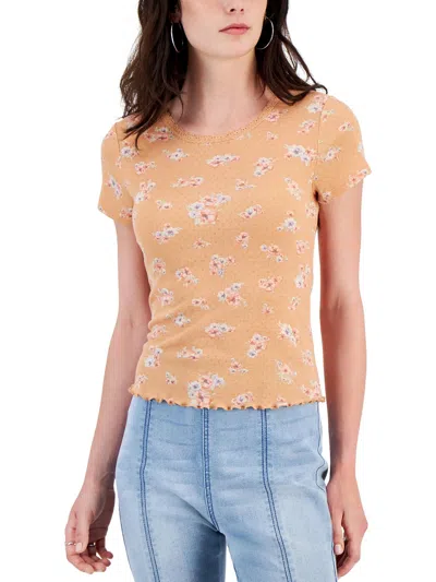 Hippie Rose Womens Floral Print Short Sleeves Pullover Top In Multi