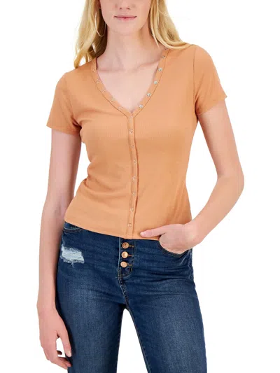 Hippie Rose Womens Snap Button Short Sleeves Pullover Top In Beige