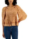 Hippie Rose Womens Square Neck Long Sleeve Pullover Top In Brown