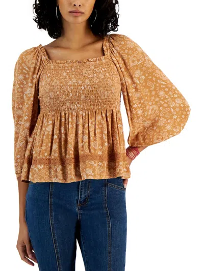 Hippie Rose Womens Square Neck Long Sleeve Pullover Top In Brown