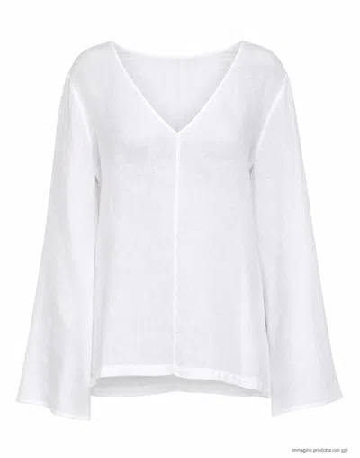 Hira White V-neck Linen Long-sleeve Top