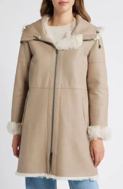 Hiso Water Repellent Reversible Hooded Genuine Shearling Coat In Parchment Nappa Diamond