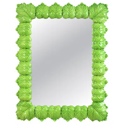 Pre-owned Hispania Ch Spanish Rectangular Mirror With Leaves Frame In Green Ceramic, 1960