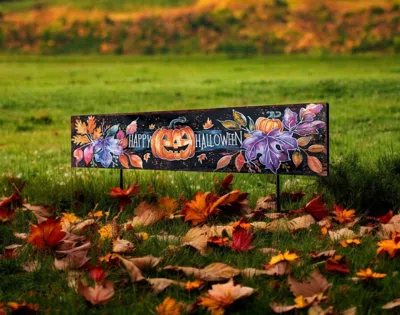 Hivvago 10" Black And Orange Happy Halloween Pumpkin Solid Wood Garden Stake In Multi