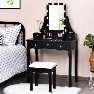 Hivvago 10 Dimmable Light Bulbs Vanity Dressing Table With 2 Dividers And Cushioned Stool-black