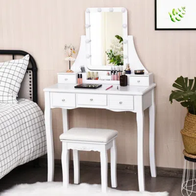 Hivvago 10 Dimmable Light Bulbs Vanity Dressing Table With 2 Dividers And Cushioned Stool-white