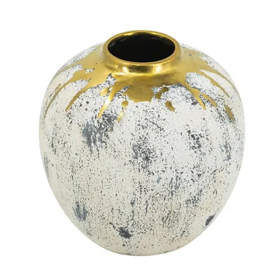Hivvago 10" Gold Gray And Ivory Abstract Round Ceramic Table Vase In White