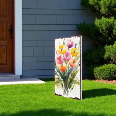 Hivvago 10" Green Pink White And Yellow Solid Wood Tulips Garden Stake In Multi