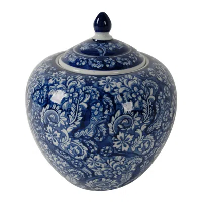 Hivvago 10 Inch Lidded Jar, Curved Round Persian Floral Print, Blue Porcelain