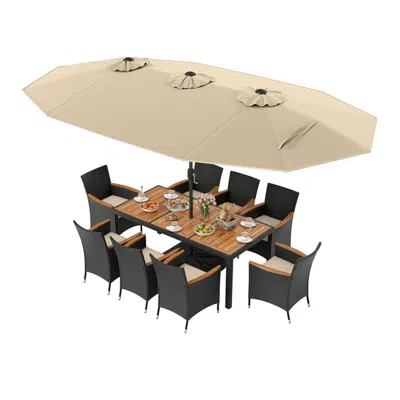 Hivvago 10 Piece Outdoor Dining Set With 15 Feet Double-sided Twin Umbrella In Neutral