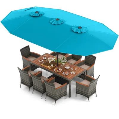 Hivvago 10 Pieces Patio Wicker Dining Set With 15 Feet Double-sided Patio Umbrella