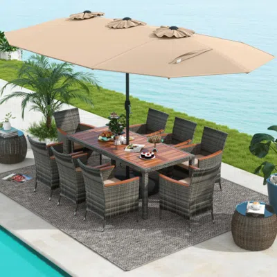 Hivvago 10 Pieces Patio Wicker Dining Set With 15 Feet Double-sided Patio Umbrella-brown In Multi