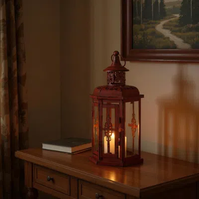 Hivvago 10" Red Distressed Filigree Metal Tabletop Lantern Candle Holder