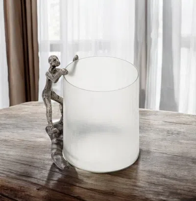 Hivvago 10" Silver And Glass Climbing Man Hurricane Candle Holder In White