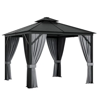 Hivvago 10 X 10 Feet Double-top Hardtop Gazebo With Galvanized Steel Roof-gray In Black