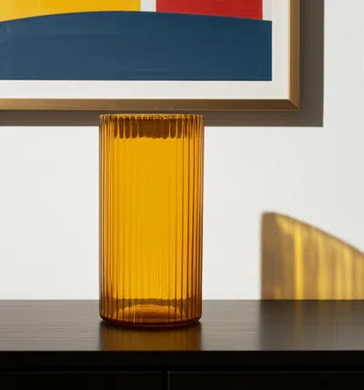 Hivvago 11" Amber Glass Ribbed Cylinder Table Vase In Brown