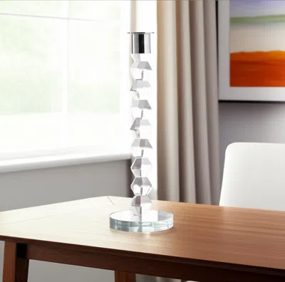 Hivvago 11" Clear And Silver Geo Stacks Crystal Tabletop Taper Candlestick In Transparent