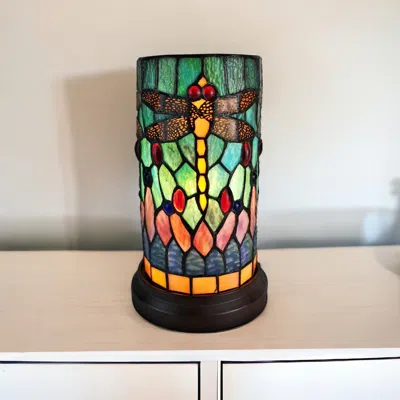 Hivvago 11" Green Brown And Orange Dragonfly Stained Glass Accent Lamp In Multi