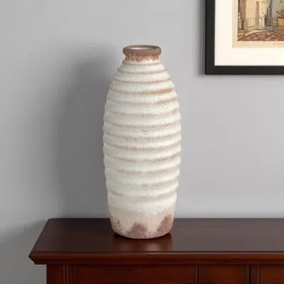 Hivvago 11" Ivory And Brown Round Ceramic Table Vase In White