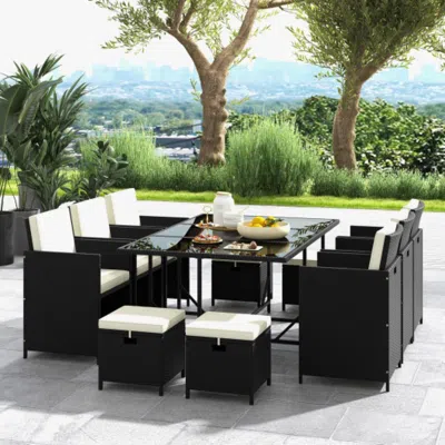 Hivvago 11 Piece Patio Dining Set Wicker Chairs And Tempered Glass Table With Waterproof Cushions-black & Wh
